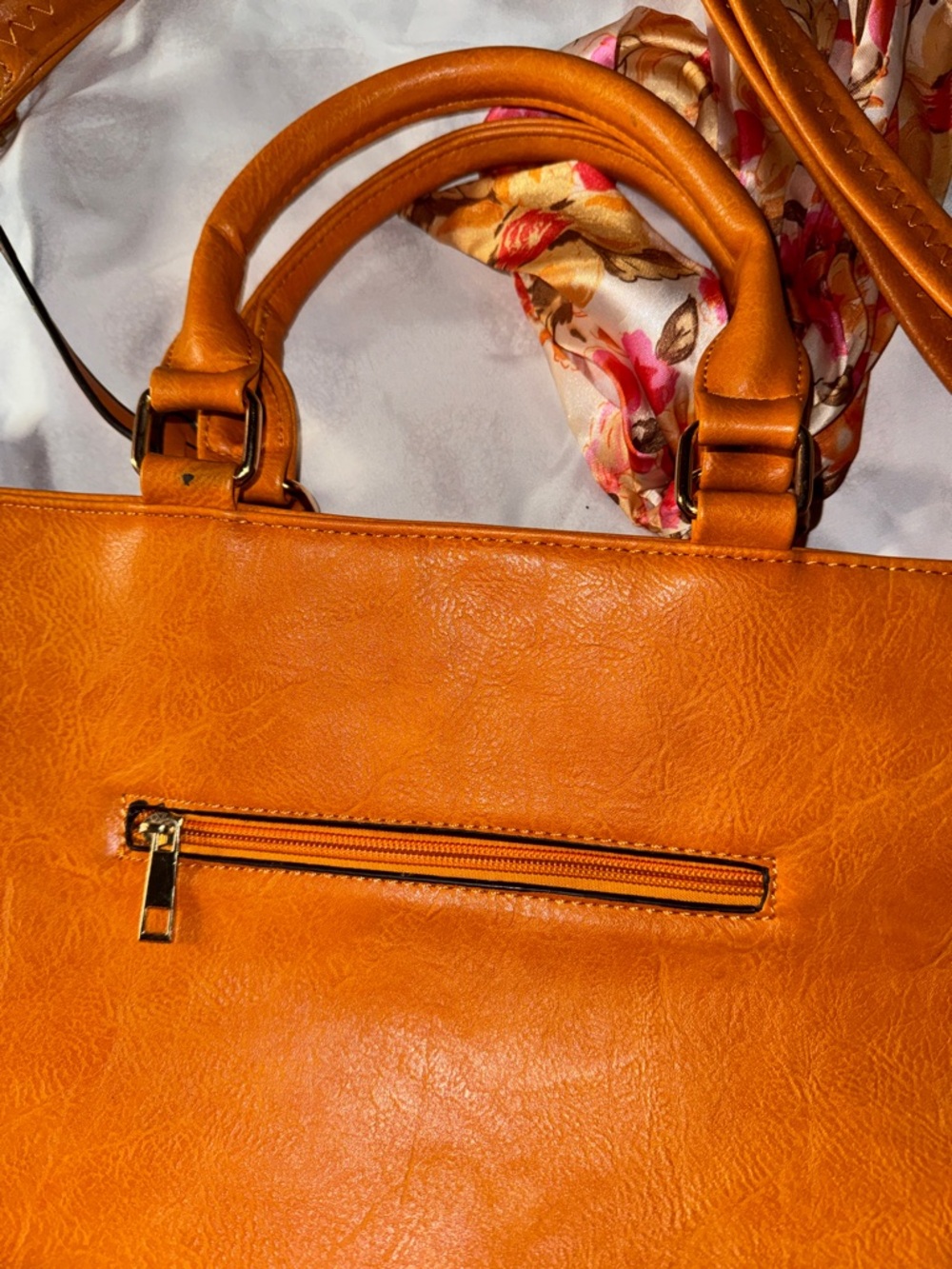 Women's Large Barrel Faux Leather Tote Orange w Floral Scarf Accent Adj Strap - Picture 6 of 6